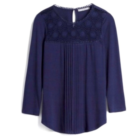Daniel Rainn Darrel Crochet Yoke Knit Top Size MP Navy Casual Peasant Boho Flowy - Picture 1 of 16